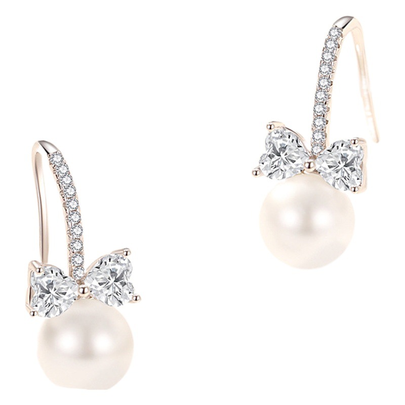Moda plata 925 pendientes diamante estilo coreano arco perla pendientes de las mujeres estilo francés elegante pendientes de lujo ligero estilo al por mayor