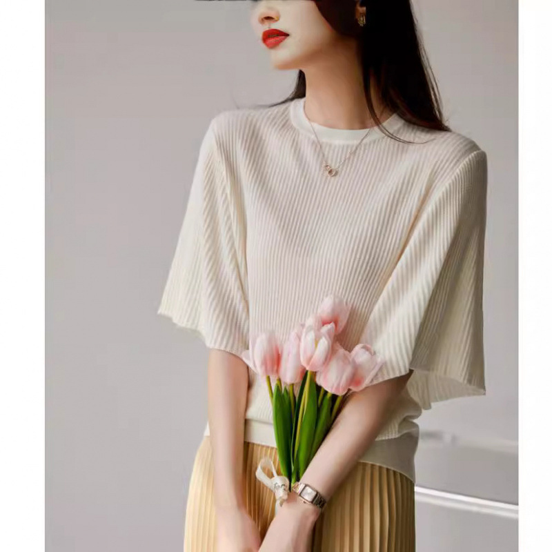 Stitching Ruffled Sleeve Women's Knitwear 2025 Summer New Comfortable Crewneck Batwing Shirt Half Sleeve Top for Women Stitching Ruffled Sleeve Women's Knitwear 2025 Summer New Comfortable Crewneck Batwing Shirt Half Sleeve Top for Women