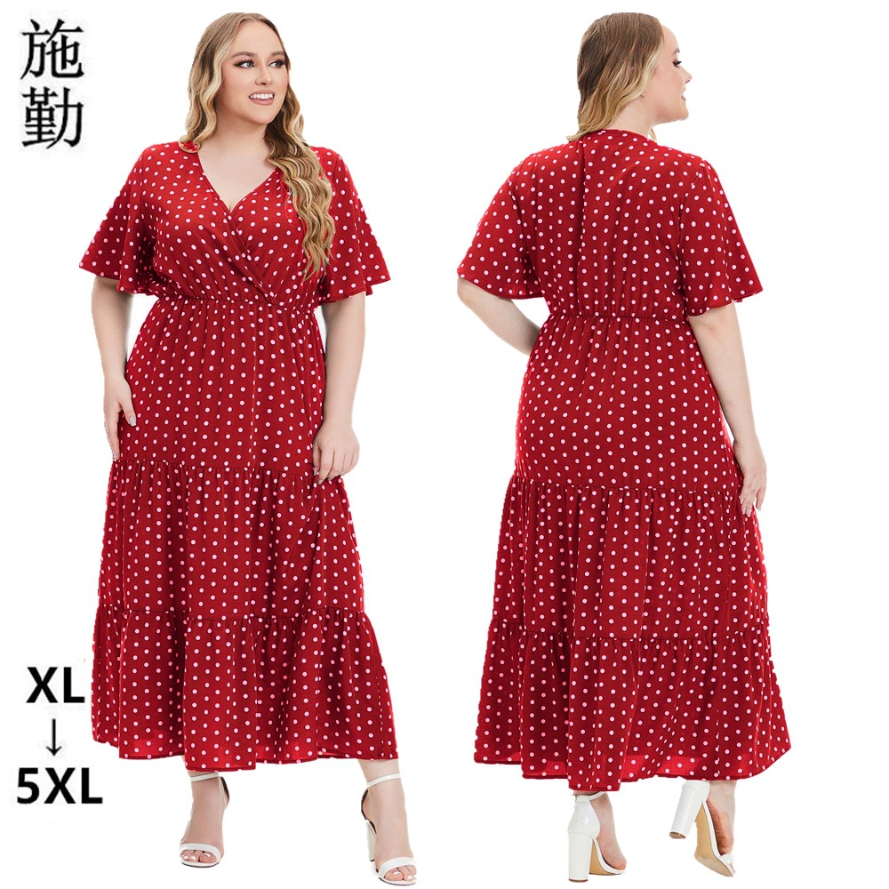 Европейский и американский трансграничный экспорт, женское летнее платье больших размеров для полных девушек с v-образным вырезом в горошек и короткими рукавами, оптовая продажа