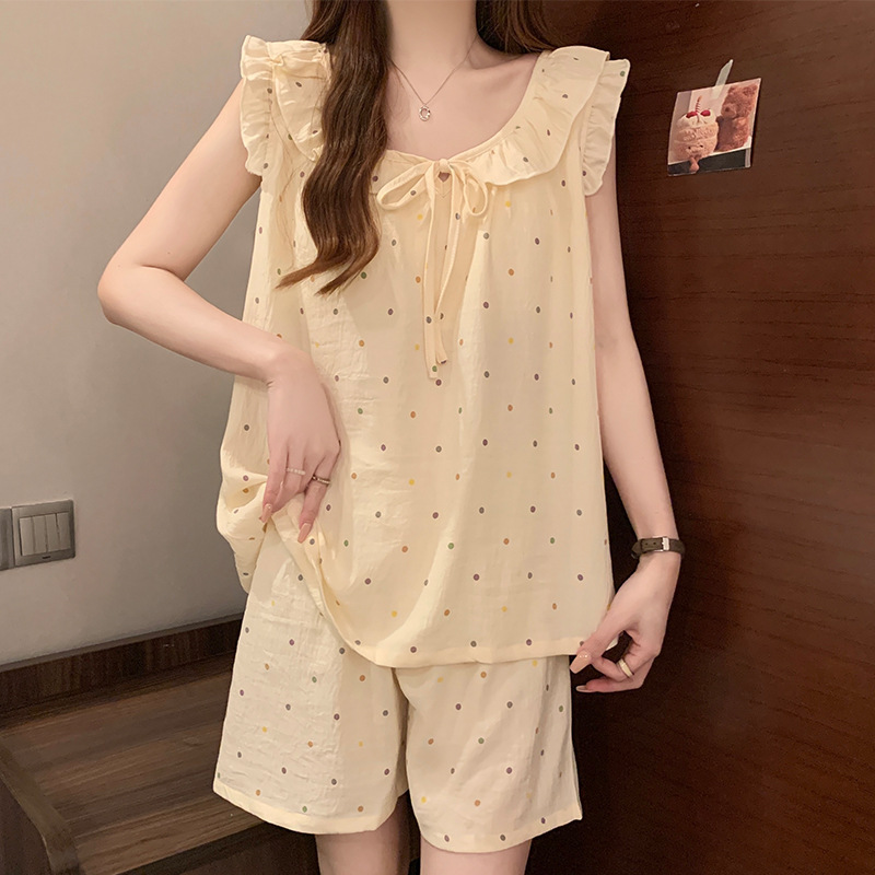 Casual Polka Dot Cloud Cotton Vest Shorts Pajamas Women's Suit Summer 2025 New Style with Chest Pad Sweet Home Clothes Casual Polka Dot Cloud Cotton Vest Shorts Pajamas Women's Suit Summer 2025 New Style with Chest Pad Sweet Home Clothes