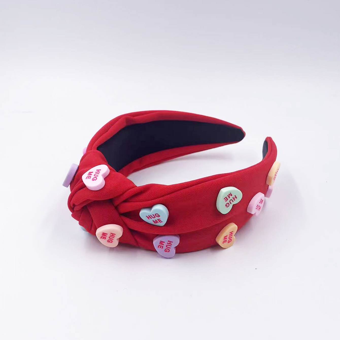 Diadema de tela hecha a mano para mujer con accesorios de corazón, diadema ancha anudada de color sólido para el Día de San Valentín, accesorio para el cabello antideslizante.