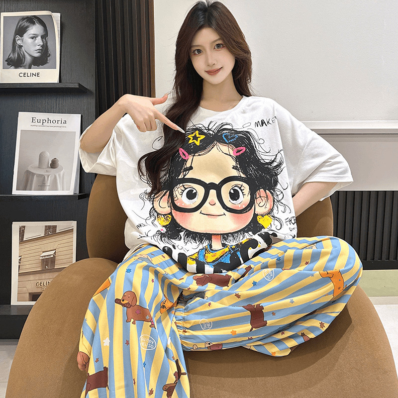 Korean Style Sweet Cartoon Little Girl Printed Short-Sleeved Pajamas for Women Summer Thin Home Clothes Striped Trousers Suit