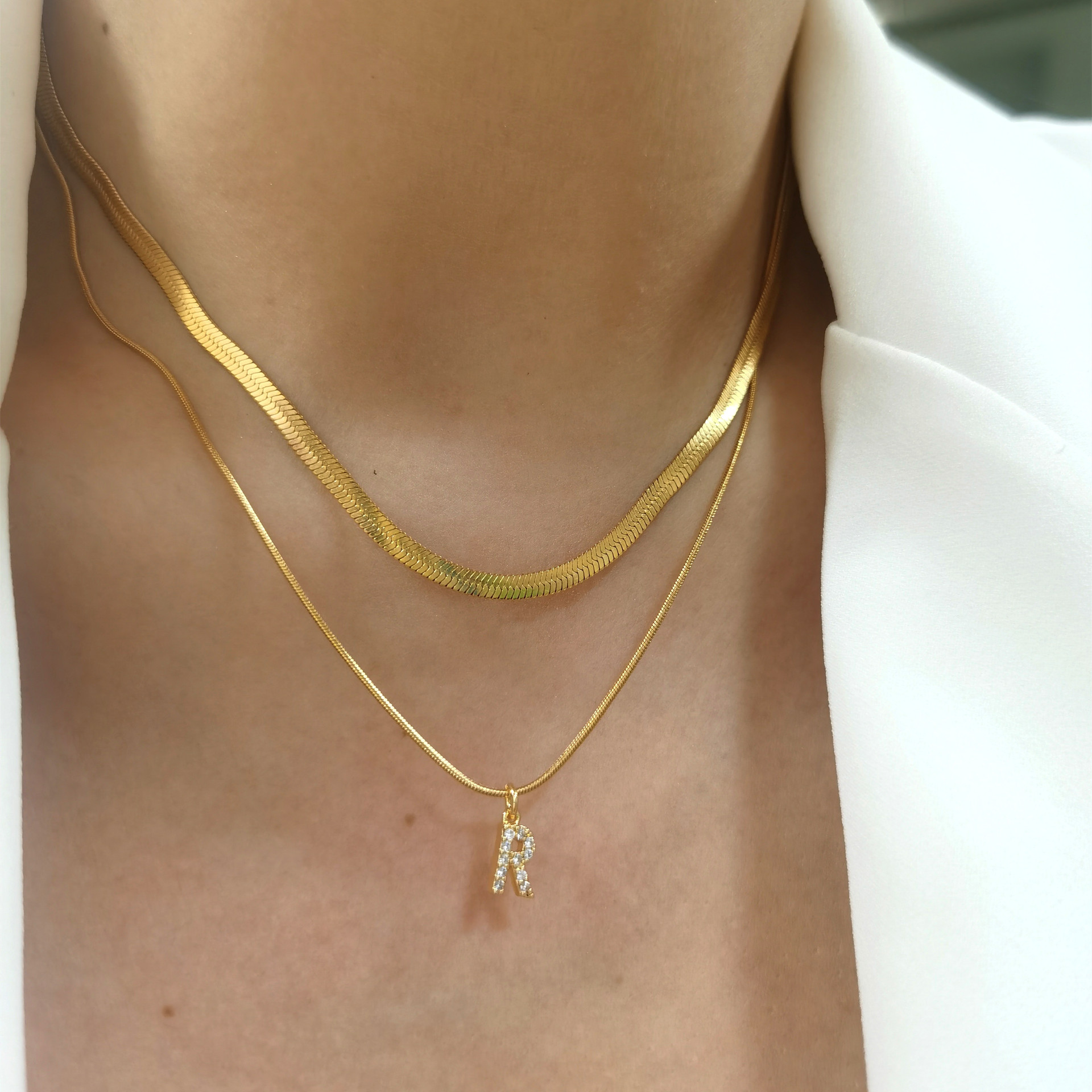 Fashion Letter Titanium Steel Inlay Zircon Layered Necklaces 1 Piece