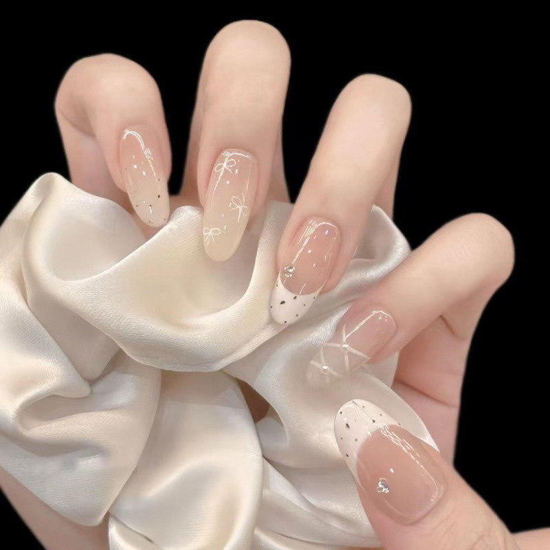 Miu Girl Pure Desire Gentle Leather Pink Ballet Bow French Handmade Wearable Nails Everyday Versatile Removable