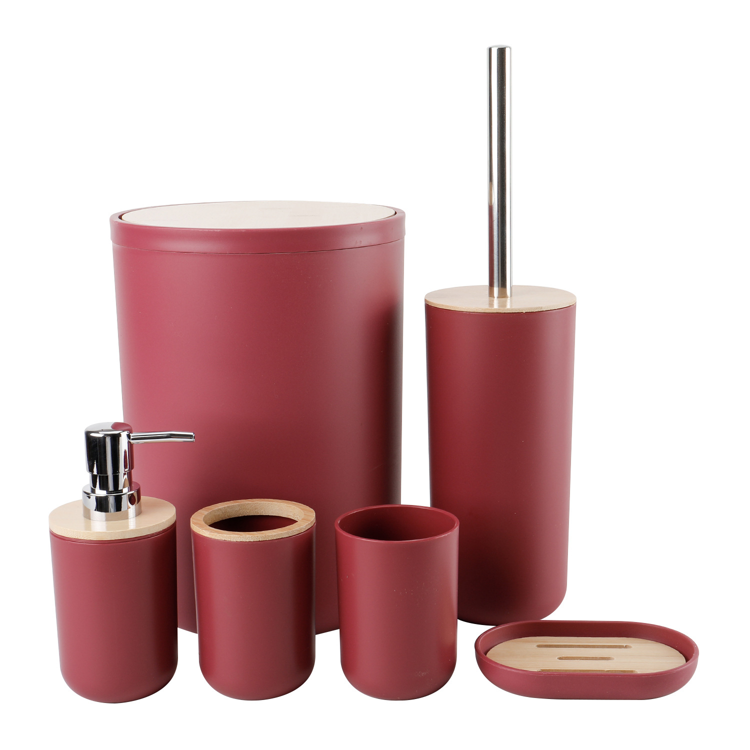 Cubierta de bambú de lavado de baño de plástico de seis piezas de la fábrica al por mayor de almacenamiento de baño estante titular de cepillo de dientes de basura puede