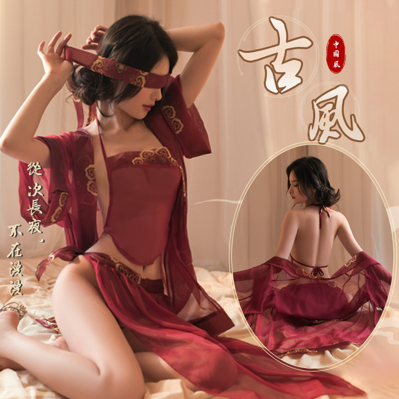 Traditional Chinese Style Black Widow Nightgown with Tie for Women, Ancient Red Bellyband with Palace Embroidery