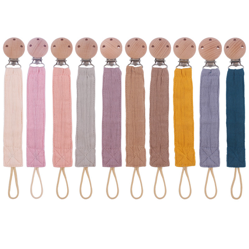 Nuevos suministros para bebés clip de chupete de haya calmante bebé cinta de algodón y lino cuerda de chupete tira de tela con cadena anti-caída