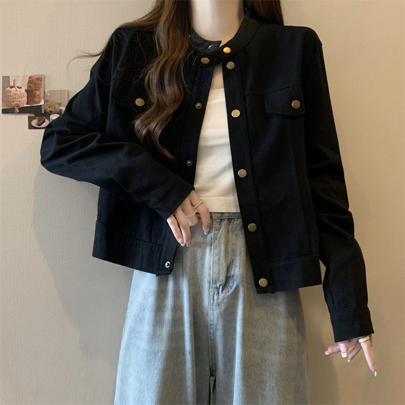 大码女装长袖立领咖色外套女秋季新款胖mm显瘦宽松短款复古夹克潮|undefined