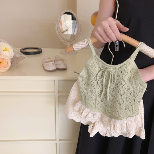 Cute girls' knitted vest 2024 summer new style children's ins sleeveless sling baby outer wear foreign style top