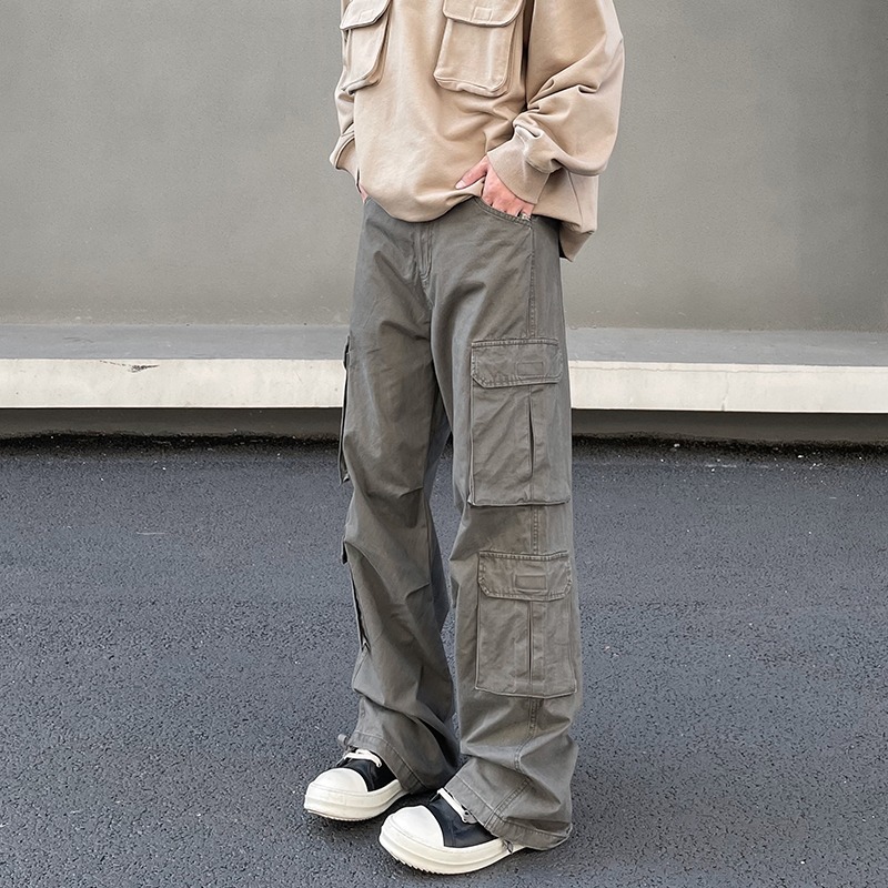 美式复古高街vibe风做旧多口袋工装裤男潮直筒微喇显瘦伐木裤长裤