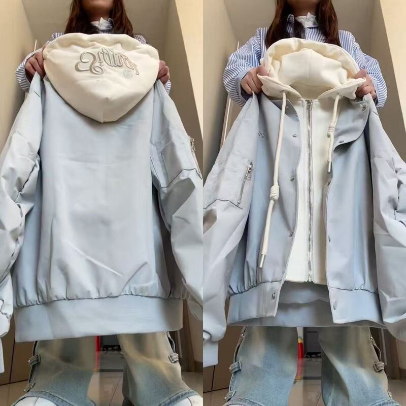 Retro American-Style Hooded Two-Piece Faux Baseball Jacket, New Spring and Autumn Loose Design Jacket, Plus Size
