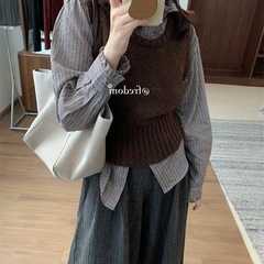 韩系外搭叠穿咖色领针织马甲女2025秋季设计感复古短款毛衣背心