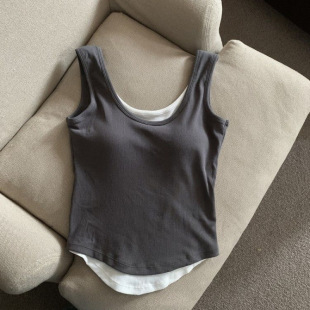 Internet Celebrity Fake Two-piece Vest High-grade with Chest Pad Foreign-style Covering Parammary Breast Walking Light Elegant Sling Bra One-piece Top