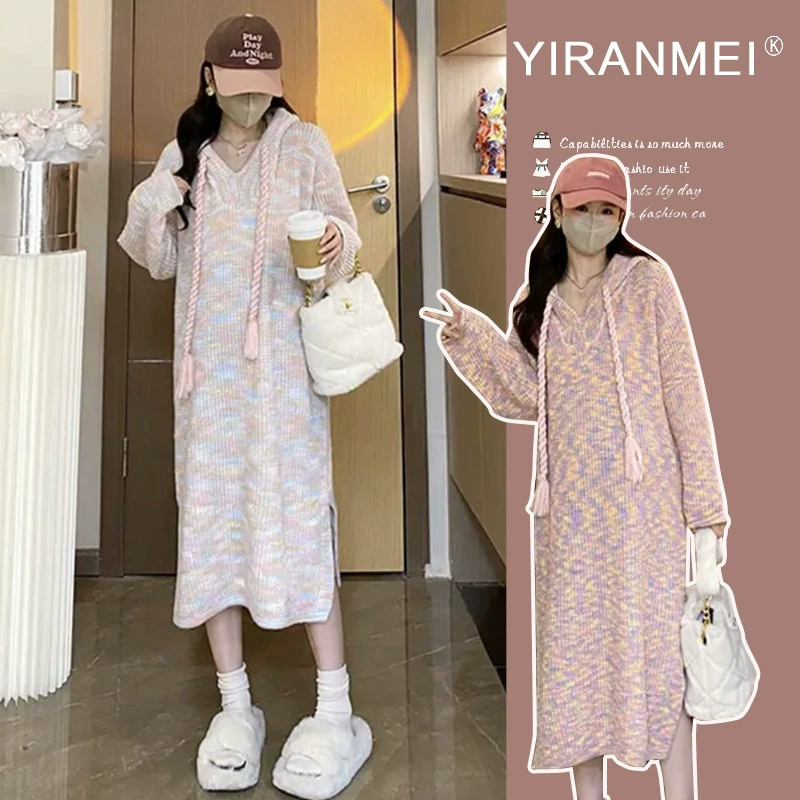 Пятно ~ 2023 Осень и зима повседневная капюшон свободный ленивый ветер цветной вязаный толстый свитер платье для беременных