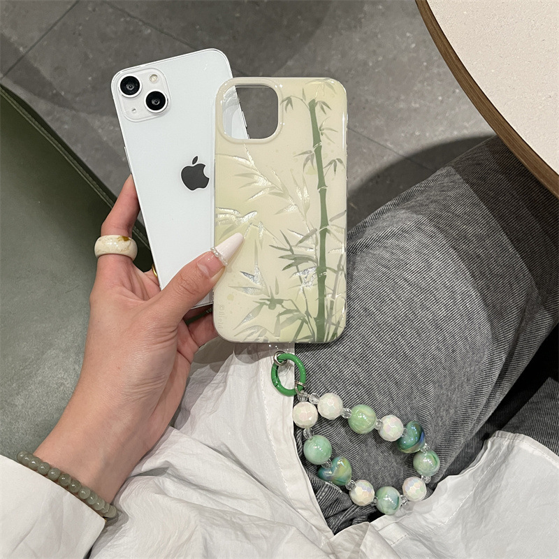 Guofeng ins hilo de plumas bambú verde para iPhone 13 pulsera 14ProMax Apple 15ro funda para teléfono 12