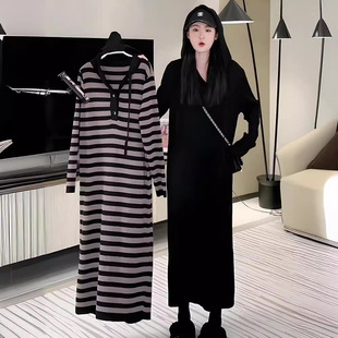 Plus size women's clothing fashionable loose slimming knitted dress autumn and winter striped mid-length sweater inner skirt