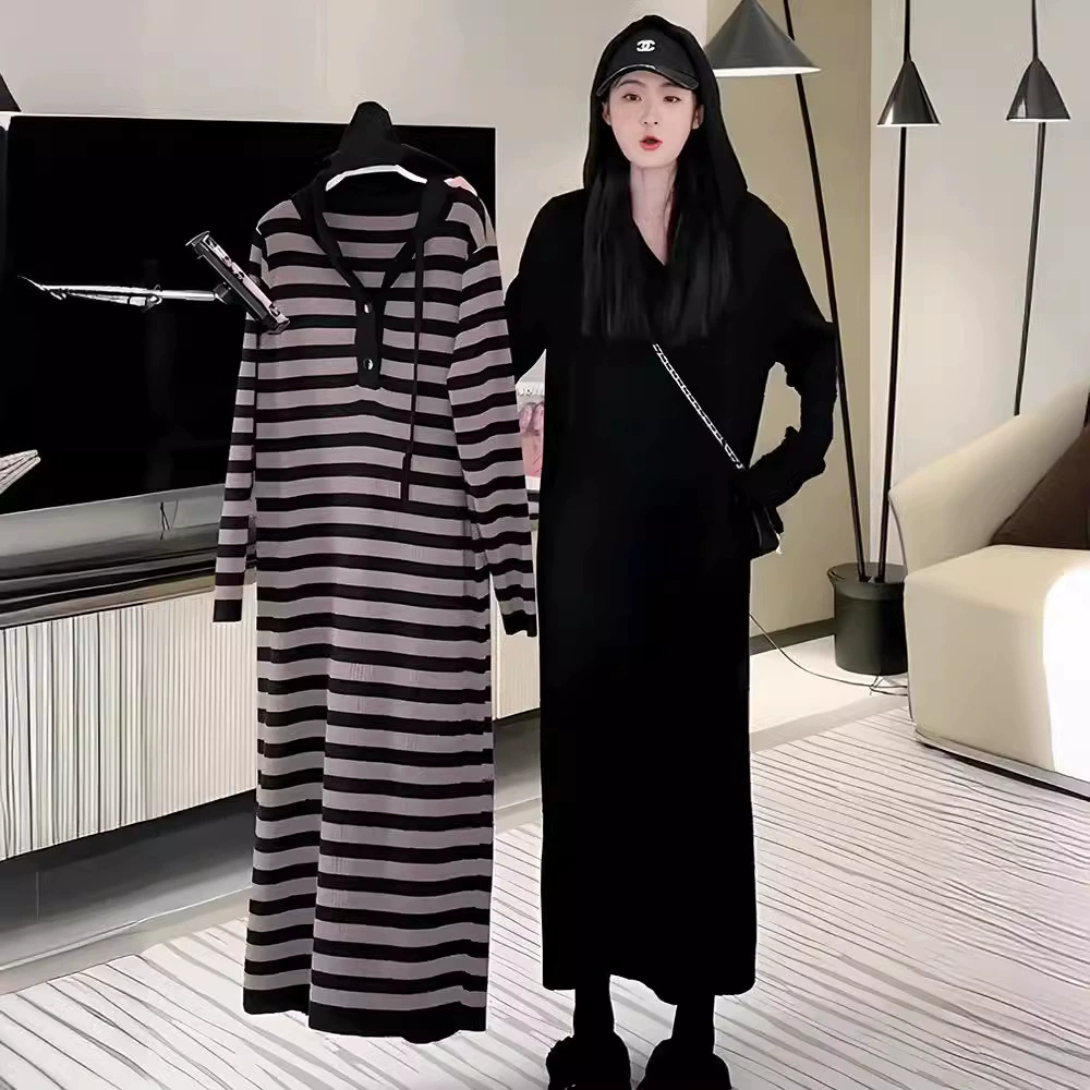 Женская одежда больших размеров, модное свободное трикотажное платье для похудения, осенне-зимнее свитер средней длины в полоску, Внутренняя юбка