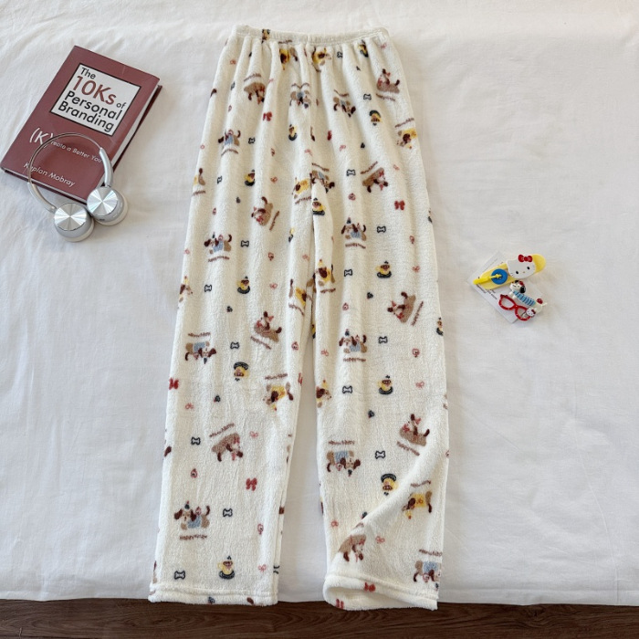 Invierno nuevo pantalones cálidos de franela estilo de caricatura coreano para mujeres más grueso y terciopelo cálido para el hogar pijamas de lana se pueden usar fuera