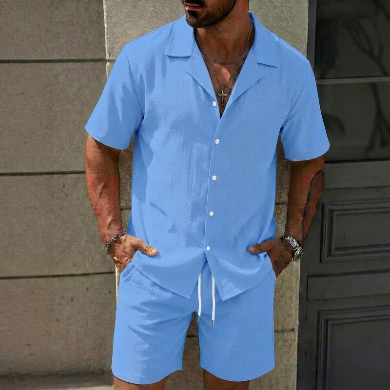 2026 New Summer Style Men's Solid Color Casual Short-Sleeved Shirt and Shorts Set European and American Style Loose Beach Two-Piece Set 2026 New Summer Style Men's Solid Color Casual Short-Sleeved Shirt and Shorts Set European and American Style Loose Beach Two-Piece Set