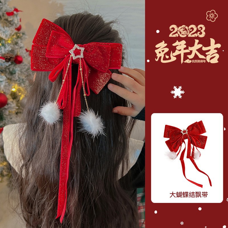Otoño e Invierno nuevo vino rojo arco grande horquilla 2022 Año Nuevo de los niños horquilla terciopelo elegante dulce accesorios para el cabello