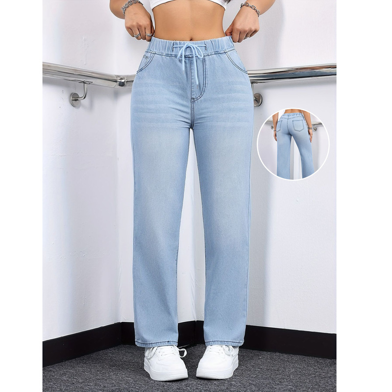 Cross-Border Casual Washed Drawstring Label Elastic Women's Denim New Straight Jeans 2025 Sky Blue Independent Station