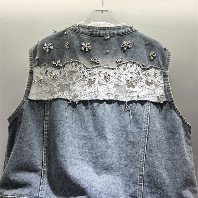 Chaleco de vaqueros coreano de mujer corto suelto primavera y otoño nuevo abrigo sin mangas de tamaño grande para adelgazar con tendencia de encaje
