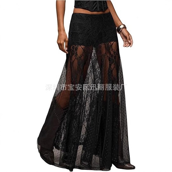 2025 Women's Lace See-Through Long Skirt Floral Slit Thigh A-Line Ruffled Bohemian Long Skirt