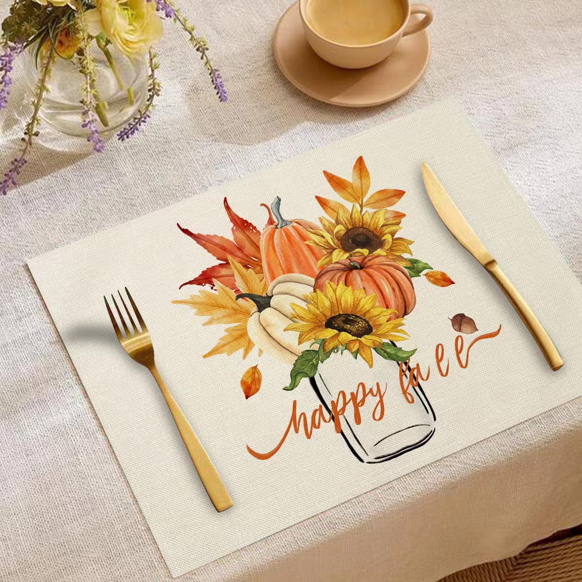 Transfronterizo temu explosión Día de Acción de Gracias otoño calabaza lino estampado conjunto lino estampado mesa de restaurante