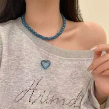 甜酷奶油蓝立体水晶爱心串珠项链女轻奢小众多层长款毛衣链卫衣链