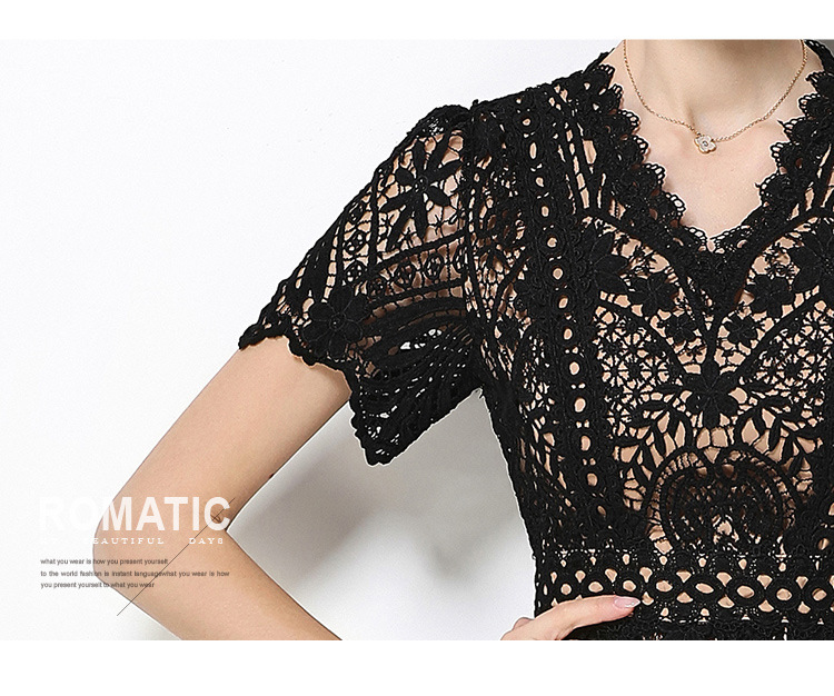 Đầm maxi nữ cổ V ren thắt eo tay ngắn họa tiết rỗng — màu đen, Rượu vang đỏ, màu hồng đậm, màu trắng chi tiết 27