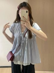 韩系花边假两件领衬衫飞飞袖小衫女夏季新款设计感拼接宽松上衣