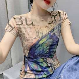 支持微信代发欧洲站蝴蝶头像印花棉纱t恤女式大码微胖字母小衫潮