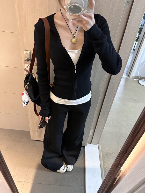 韩系黑色开衫假两件长袖T恤女早秋穿搭修身拉链显瘦纯欲薄款上衣|undefined