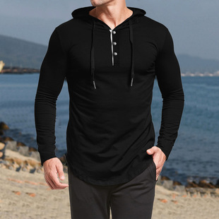 2022 foreign trade Spring and Autumn new men's solid color hooded leisure sports fitness base shirt men's factory direct supply