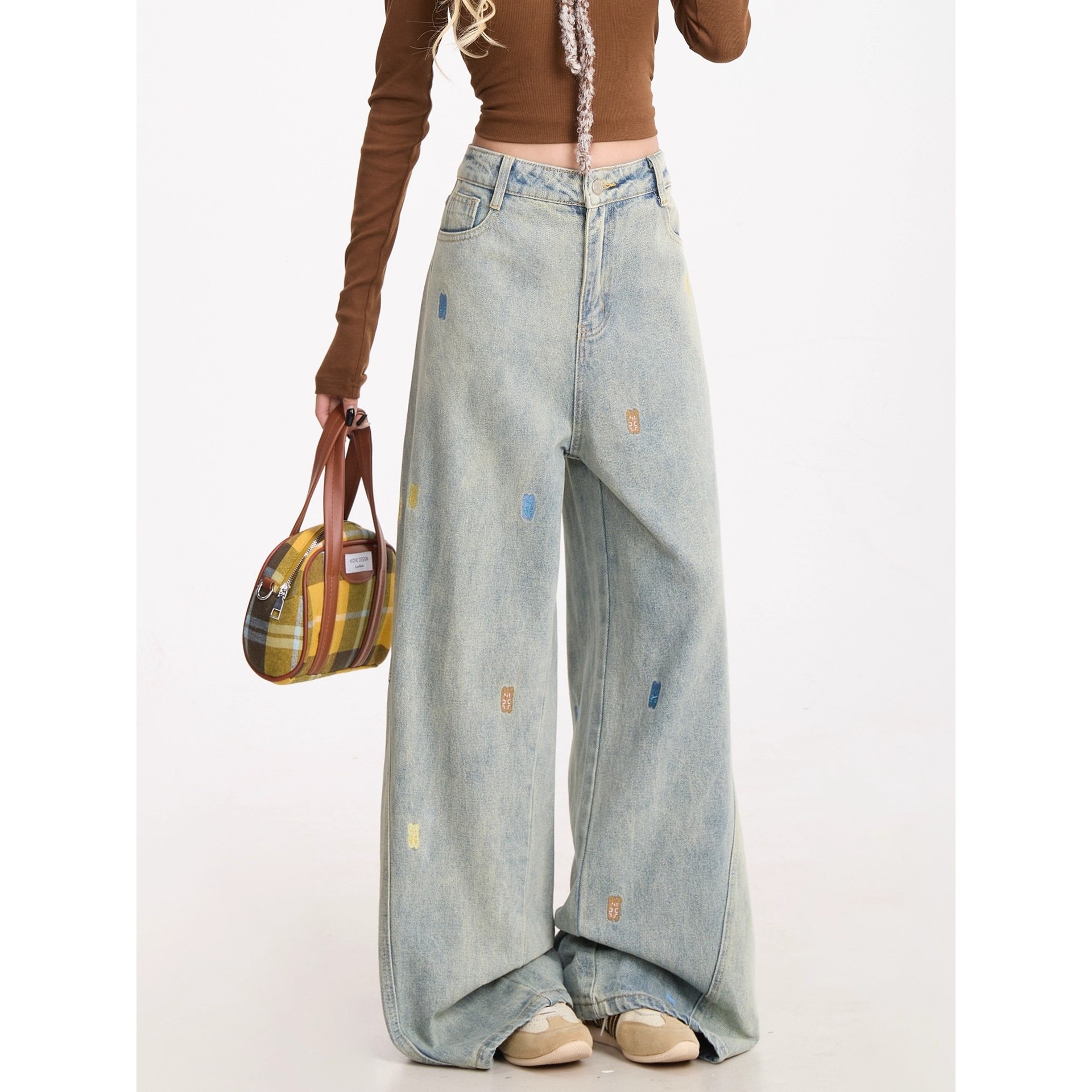 卡通大酷小熊刺绣牛仔裤女美式复古水洗直筒裤秋冬阔腿拖地裤