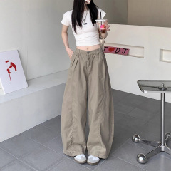 小个子弯刀牛仔裤女夏休闲百搭卡其色阔腿裤美式复古宽松拖地裤子