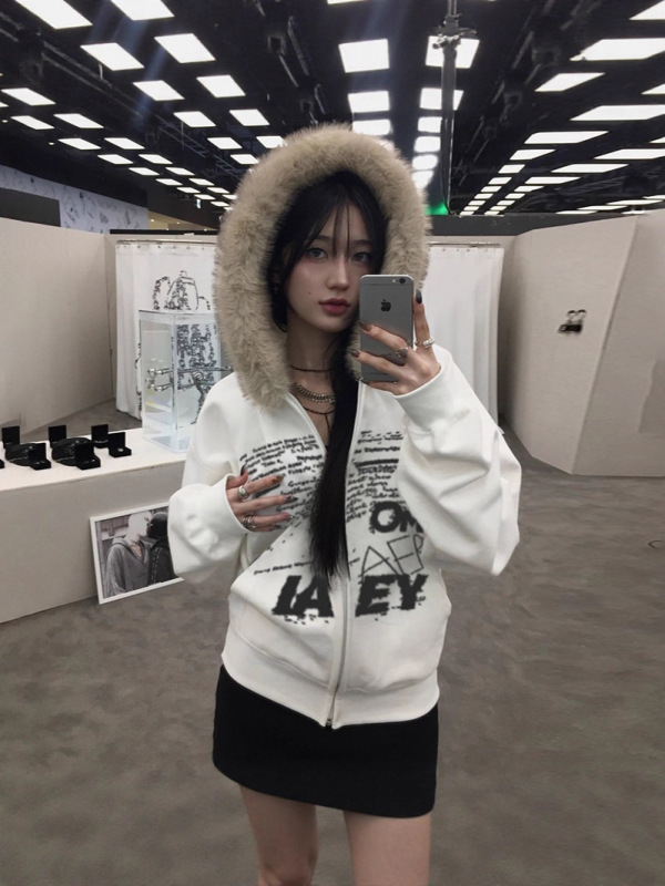 美式复古潮流设计感做旧毛领印花连帽衫个性宽松男女同款暗黑卫衣|undefined