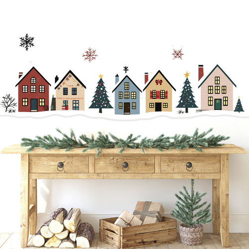 Cartoon Christmas Cozy Cottage Window Decal Self-Adhesive Wall Sticker Full-Transparent UV Dual-Sided Viewable Decorative Sticker