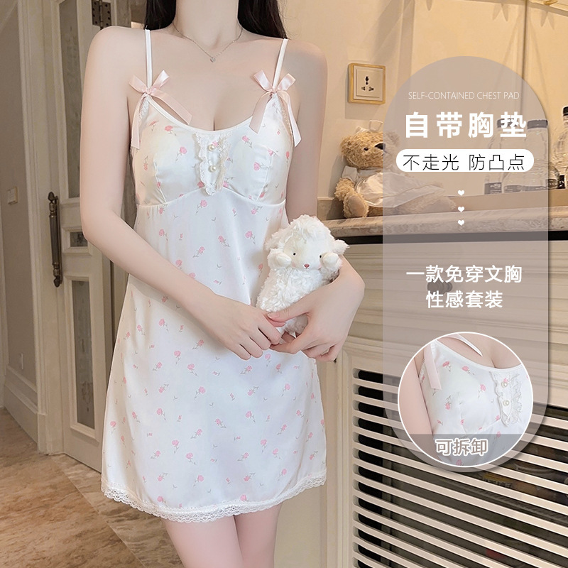 瑰若甜美轻奢印花冰丝内衣激情火辣加胸垫吊带睡裙家居套装XK5832|undefined