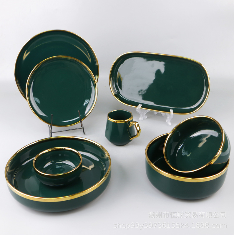 Dark Green Gold-Plated Rice Bowls, Chopsticks, Noodle Bowls, Soup Bowls, Oval Nordic High-Value Tableware Sets, Complete Set