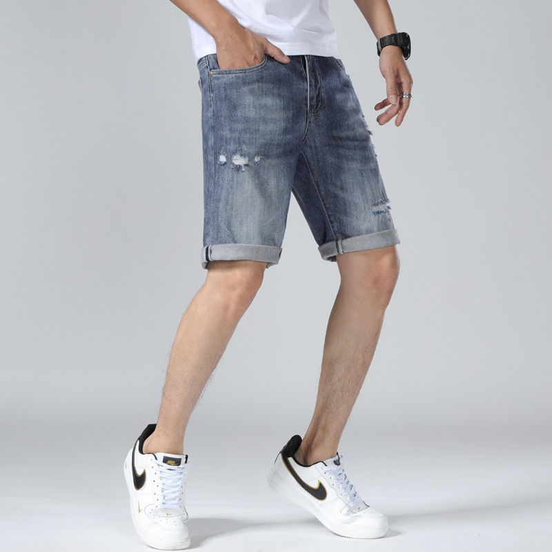 Summer New Men's Denim Capris Trendy Casual Straight Fit Elastic Men's Fashion Brand Jeans Men's