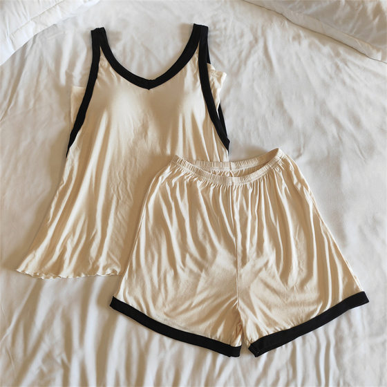 Summer modal cotton pajamas women's Korean-style simple comfortable vest with chest pad camisole shorts two-piece home wear