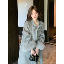 月光初雪 仿狐狸毛领毛呢大衣女蝴蝶结秋冬法式千金赫本中长外套