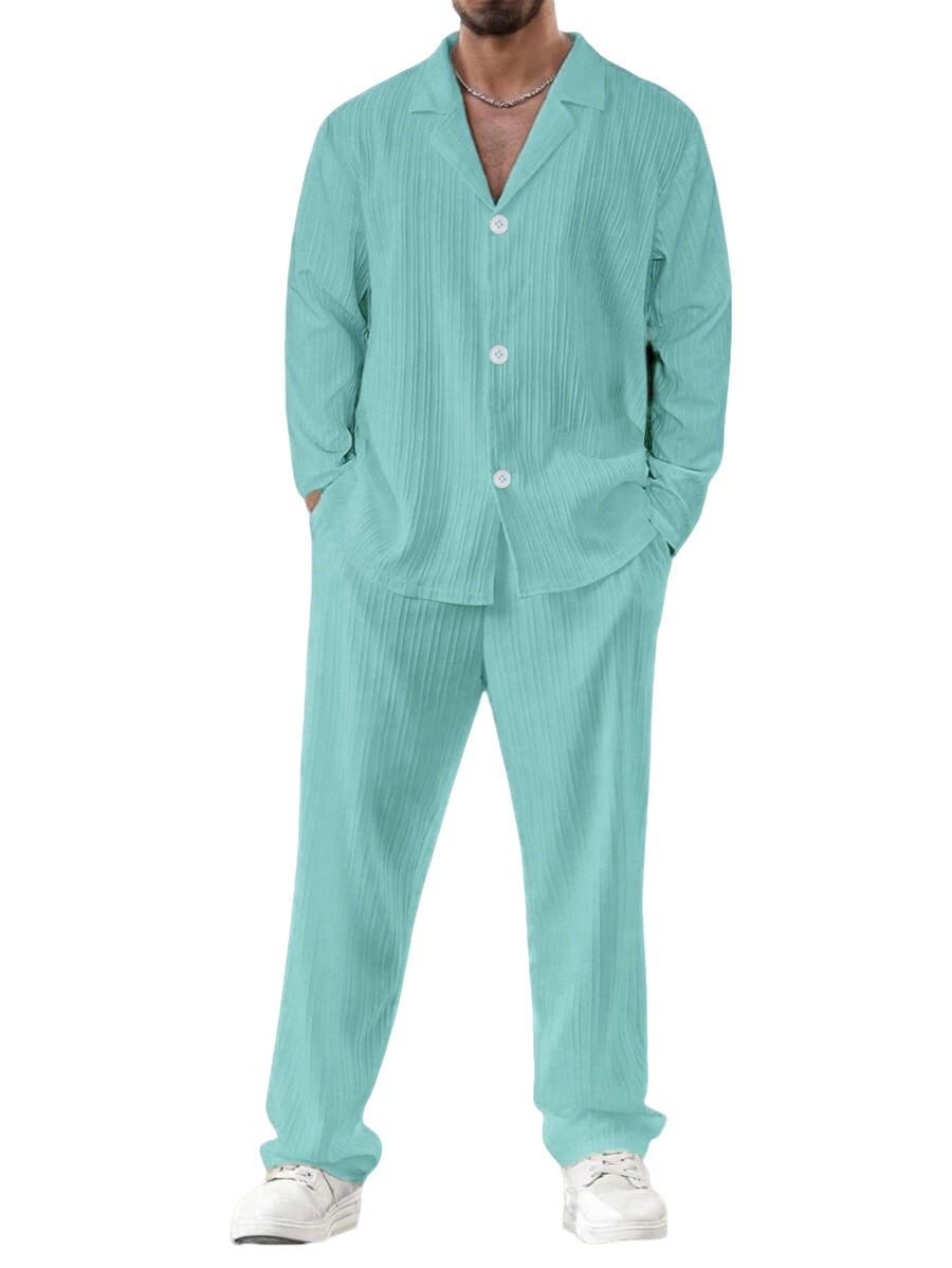 Nuevo transfronterizo de verano para hombres nuevo color sólido de mangas cortas camisa de mangas largas pantalones largos sueltos traje casual