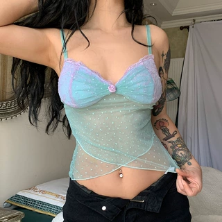 甜辣少女网纱波点交叉下摆蕾丝拼接撞色吊带纯欲性感透视百搭上衣