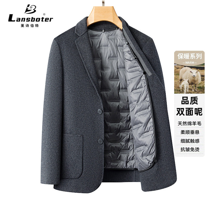 Áo vest nam dạ len hai mặt có lớp lót lông vũ tháo rời, tay dài, cổ vest — Cà phê xám, màu xám đậm, đen