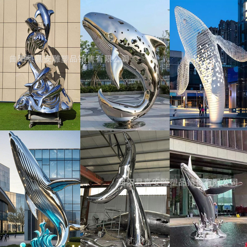Stainless Steel Whale and Dolphin Sculptures, Metal Kunpeng Ornaments, Dolphin Hollow Animal Outdoor Splash Fish City Landscape