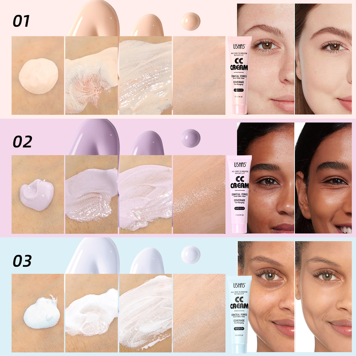 USHAS punto transfronterizo venta caliente control de aceite antes de maquillaje loción de base de cambio de color natural y duradero CC crema UFS002