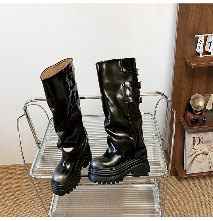 Boot nữ cổ cao ôm bắp chân da thật đế dày tăng chiều cao 15cm gót chunky — Lớp lót đơn màu trắng nhạt 12cm, Lớp lót đơn màu nâu 15cm, Màu đen đơn 12cm, Lớp lót nhung màu nâu 12cm chi tiết 23