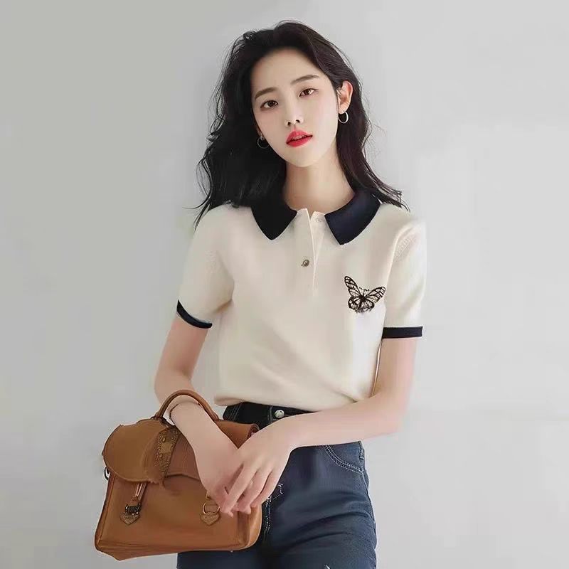 Áo thun nữ cổ polo tay ngắn trắng đơn giản họa tiết bướm — Màu trắng chi tiết 3